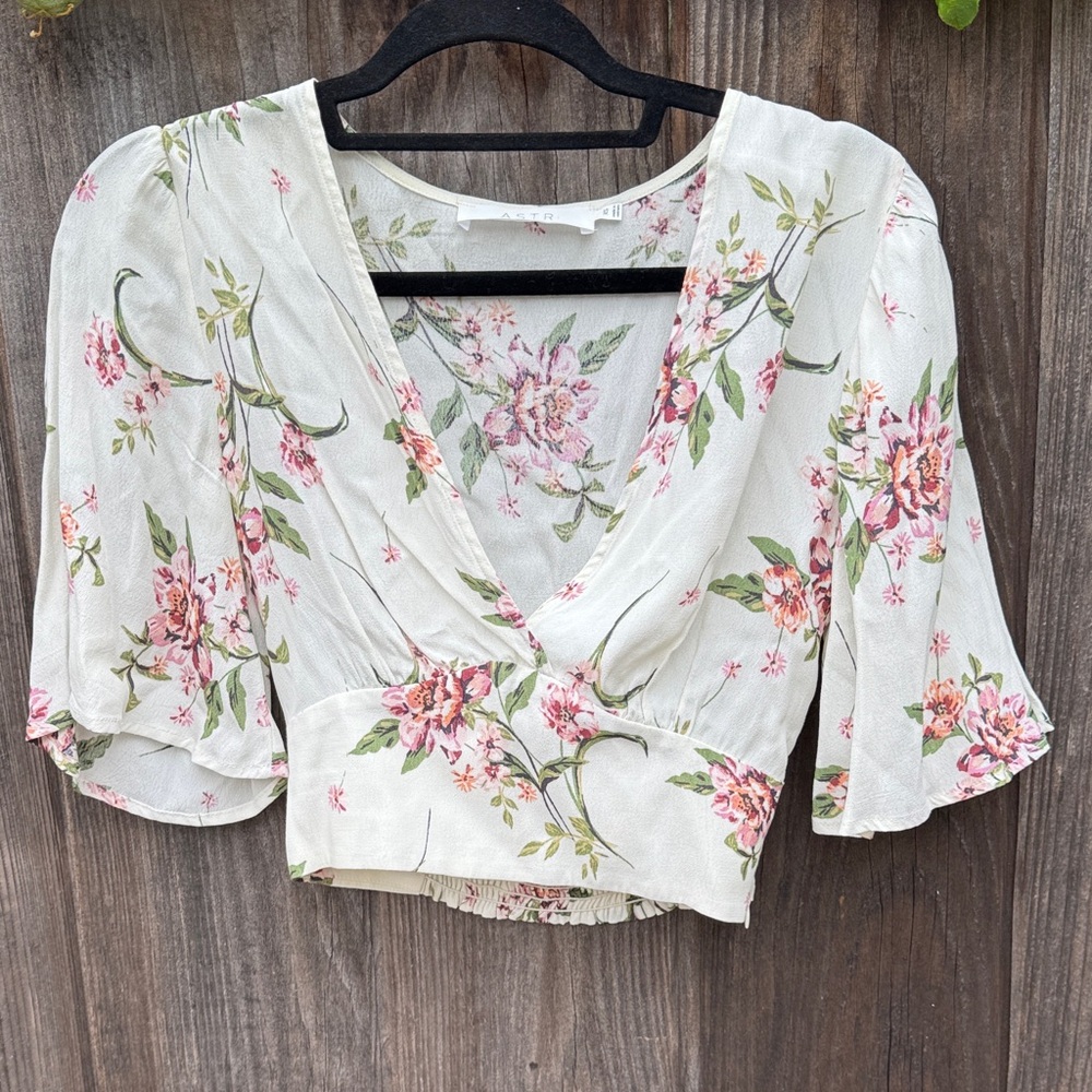 Astr Floral Wrap Blouse in Cream and Pink